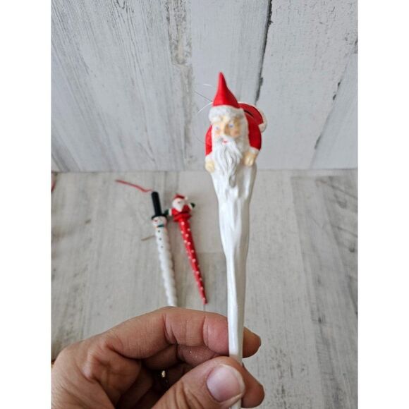 Vintage icicle pencil Santa snowman ornament set Xmas tree - Picture 3 of 11